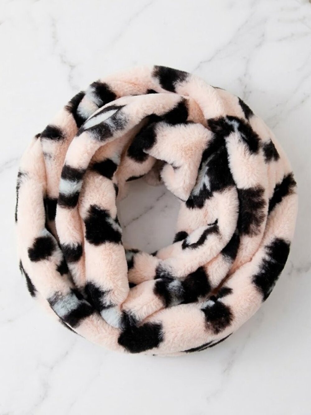 Ladies Pink Fuzzy Snow Leopard Print Infinity Scarf